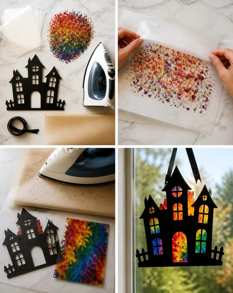 Rainbow Crayon Haunted House Suncatcher bringing colorful spooky vibes.
