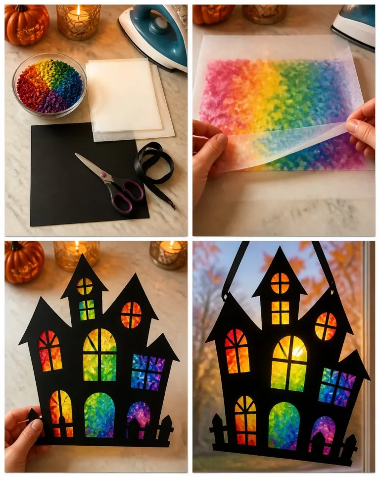Colorful rainbow crayon art depicting a haunted house in a window design