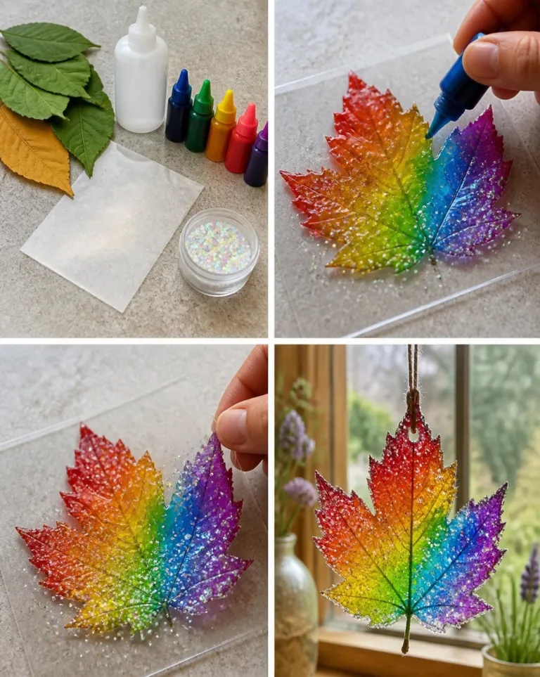 Rainbow crystal leaf suncatcher casting colorful light reflections
