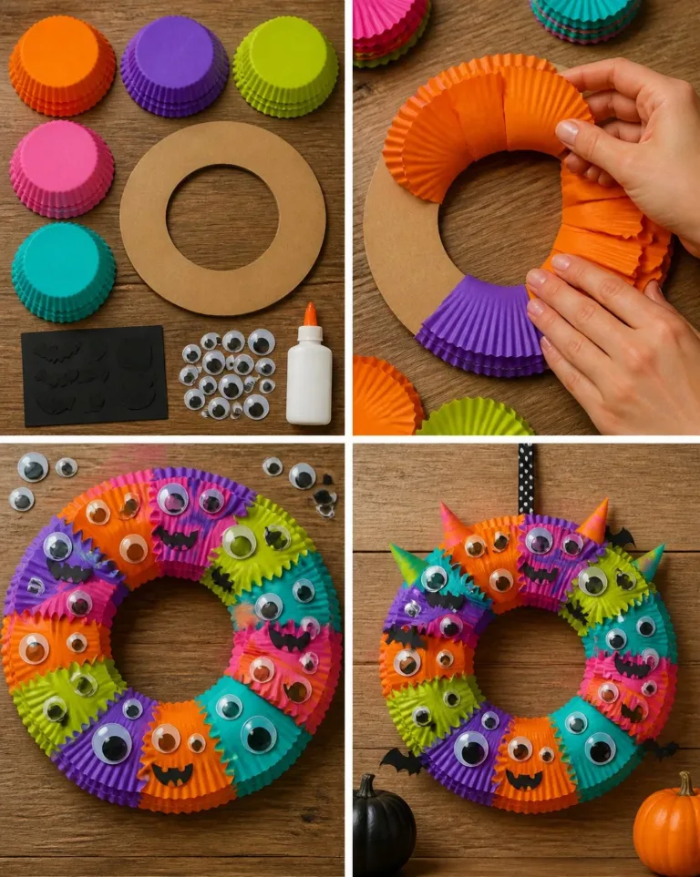 Colorful Halloween wreath made from cupcake liners, featuring cheerful monster faces