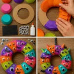 Rainbow Cupcake-Liner Halloween Monster Wreath 8 Rainbow Cupcake Liner Halloween Monster Wreath