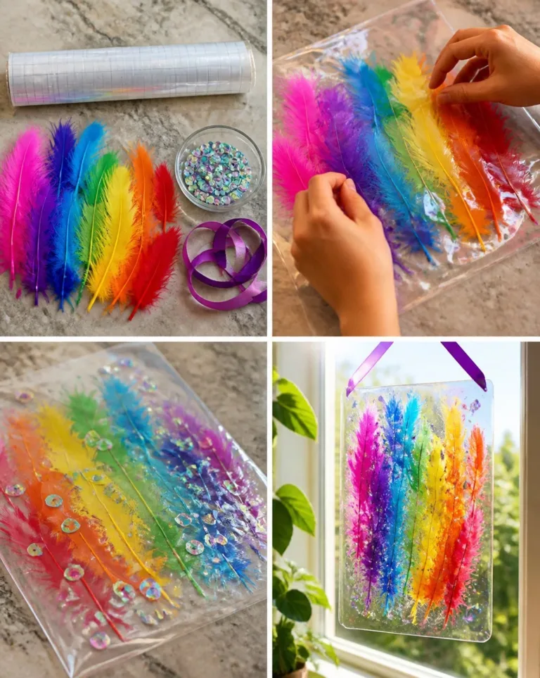 Colorful Rainbow Feather Suncatcher reflecting light brilliantly