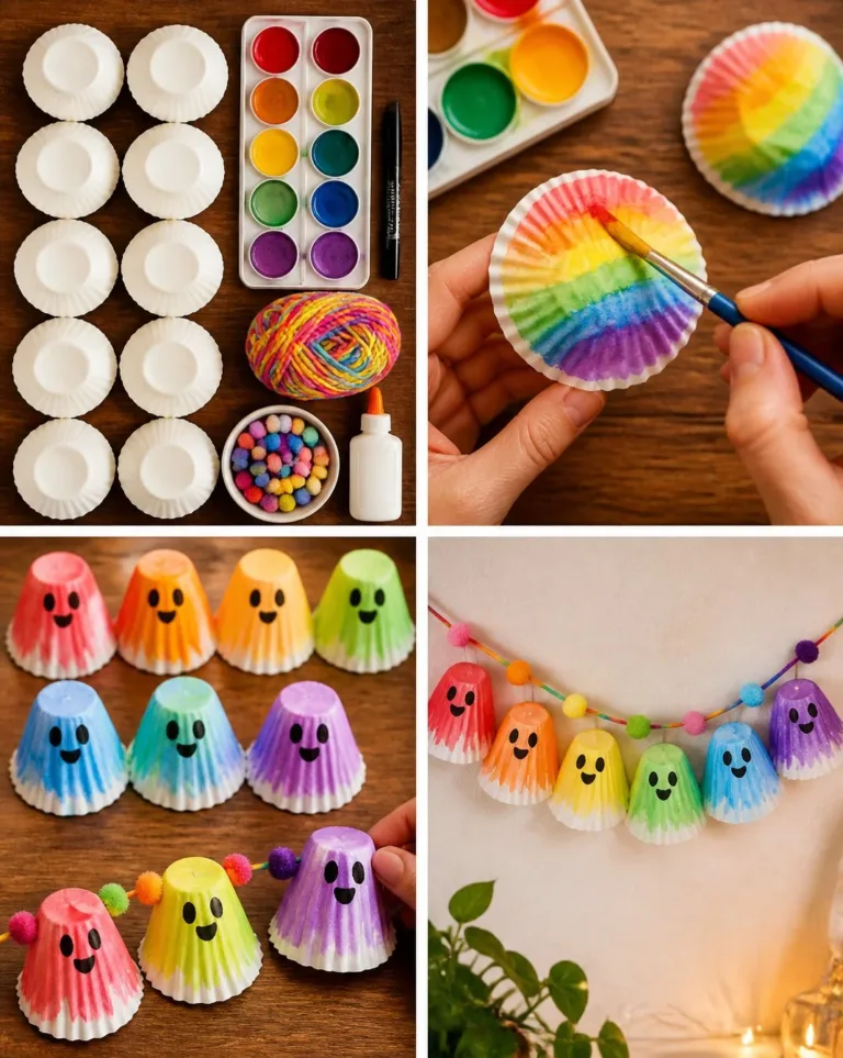 Cozy rainbow ghost cupcake-liner garland for festive decorations