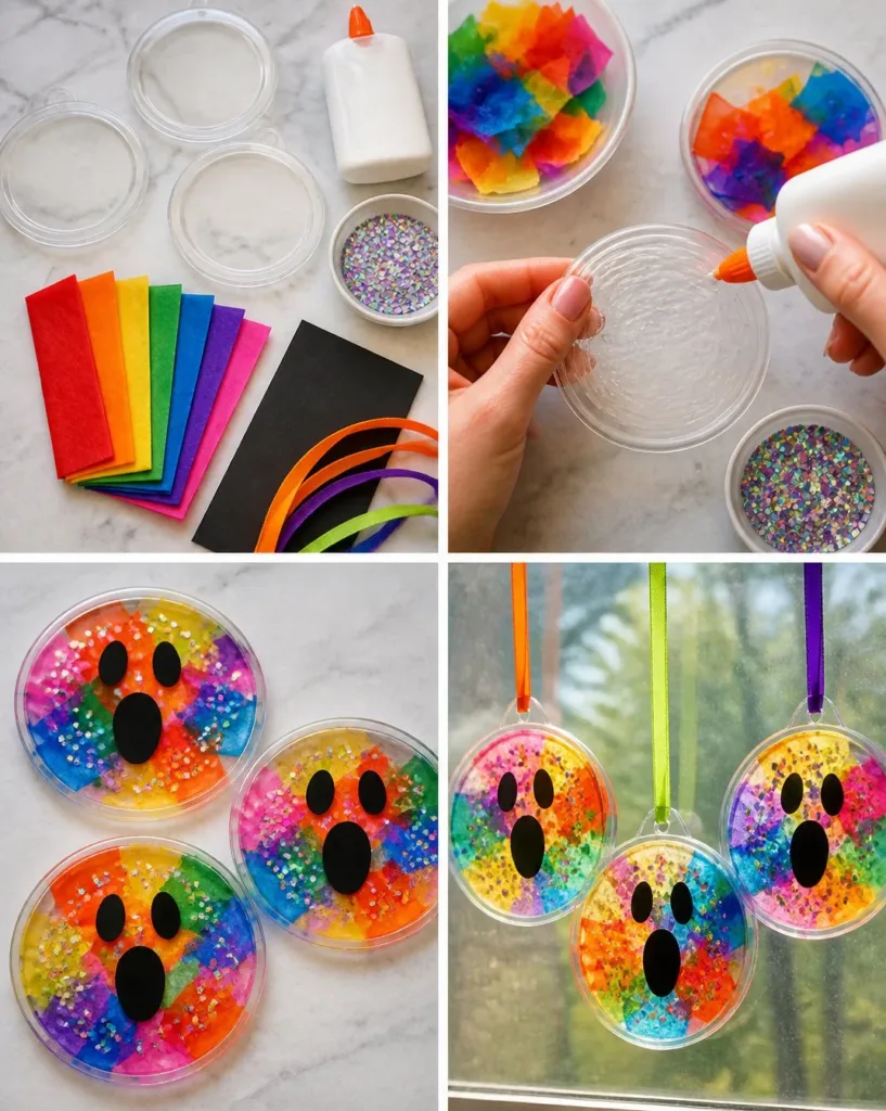 Colorful rainbow ghost window suncatchers brightening up a cozy space.
