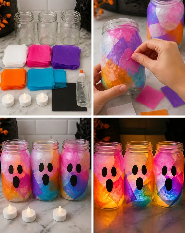 Colorful Rainbow Glow Ghost Mason Jar Lanterns for unique home decor