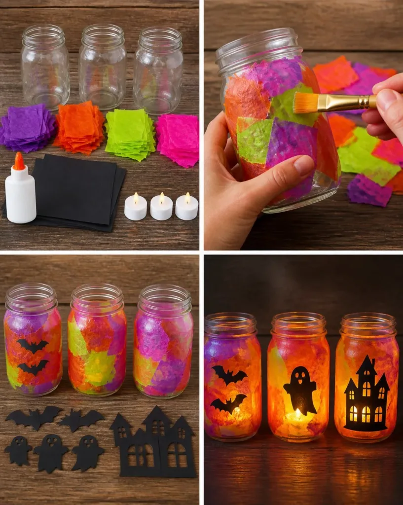 Colorful rainbow haunted Mason jar lanterns for Halloween decoration