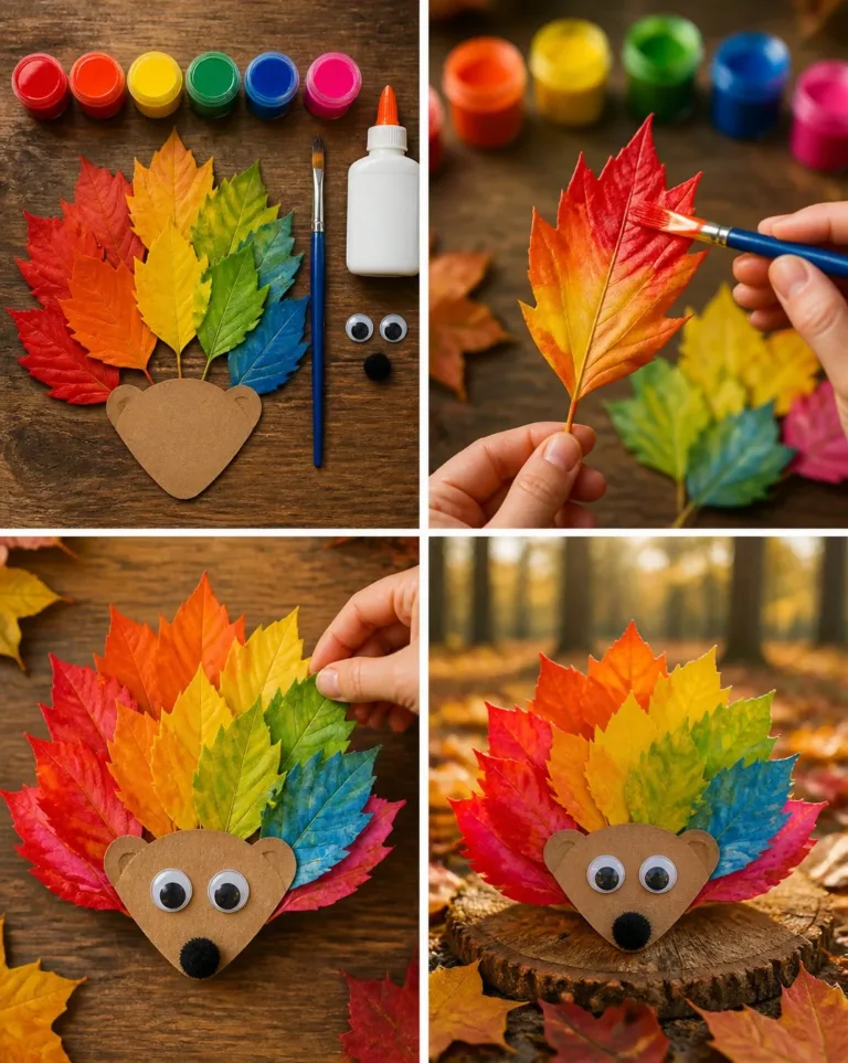 Colorful Rainbow Leaf Hedgehog Craft tutorial for kids