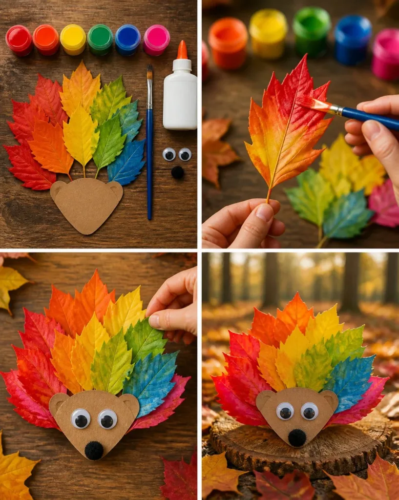 Colorful Rainbow Leaf Hedgehog Craft tutorial for kids