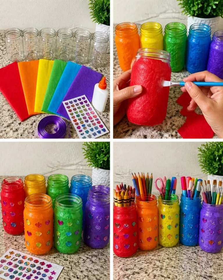 Rainbow Mason Jar Organizer for organizing school supplies and crafts.