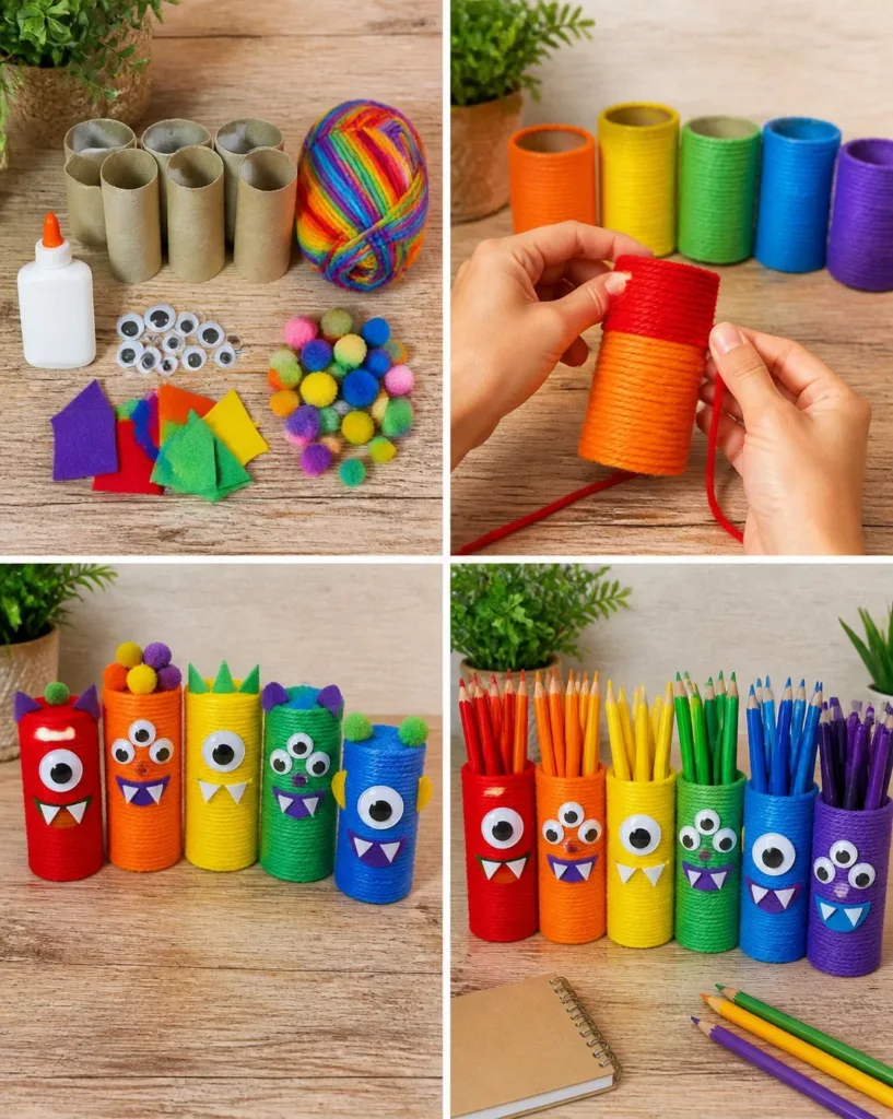 Cozy Rainbow Monster pencil holders for fun and colorful desk organization