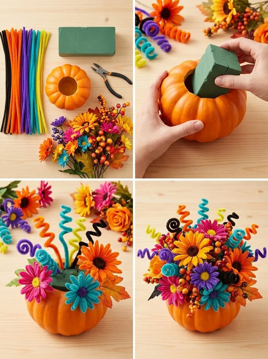 Rainbow Pipe Cleaner Pumpkin Bouquet