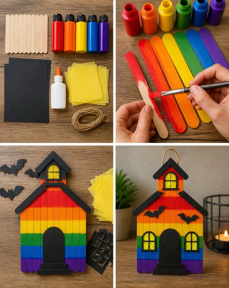 Cozy haunted schoolhouse decorated with rainbow popsicle sticks