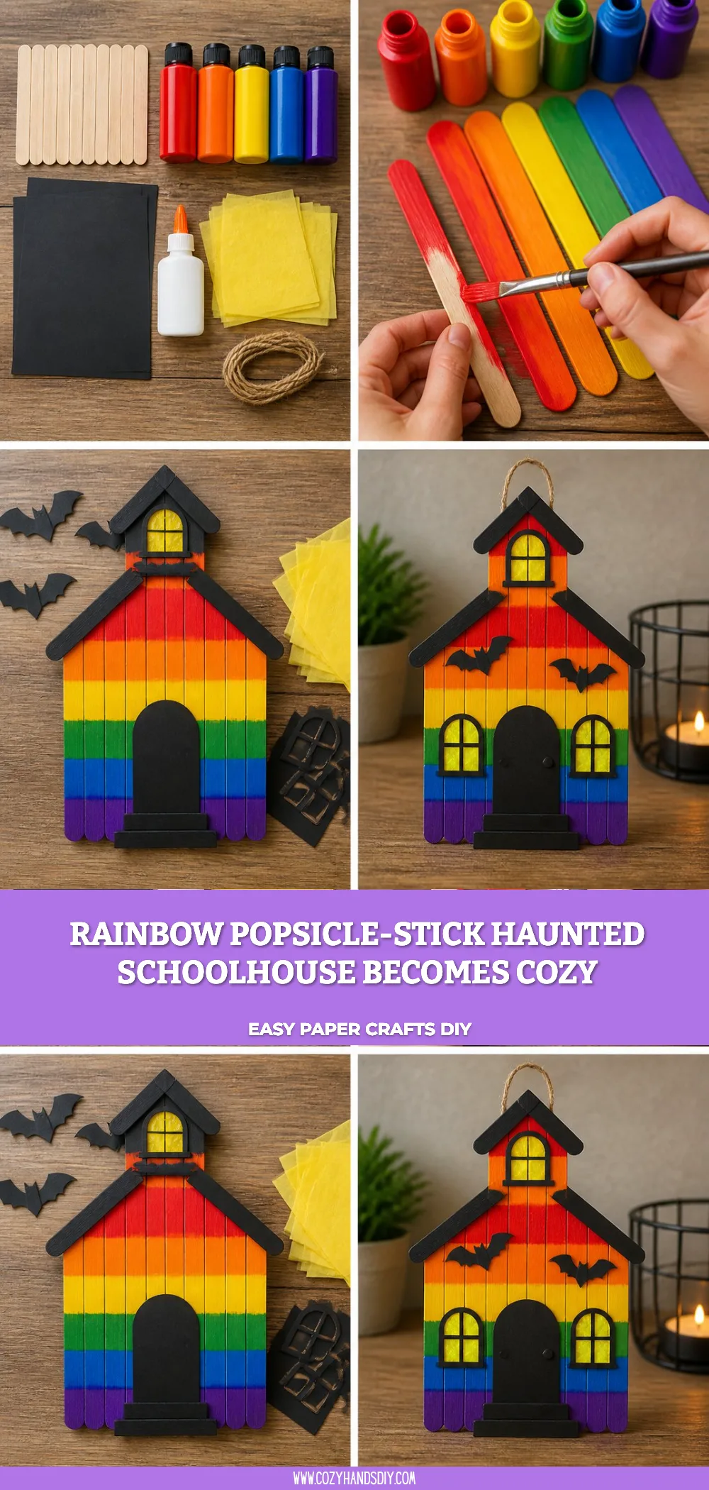 Rainbow Popsicle-Stick Haunted Schoolhouse Becomes Cozy