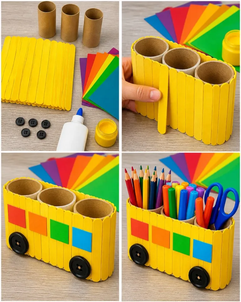 Rainbow Popsicle-Stick School Bus Organizer for school supplies