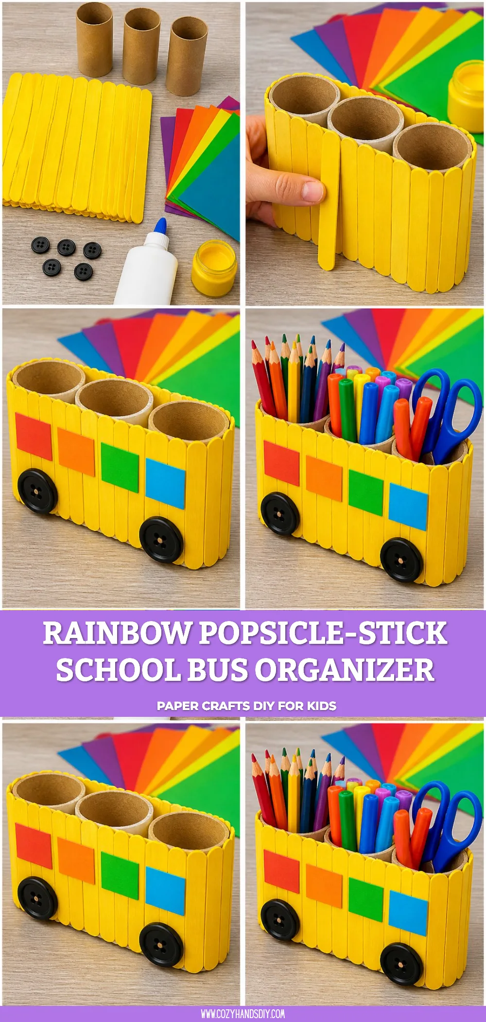 Rainbow Popsicle-Stick School Bus Organizer