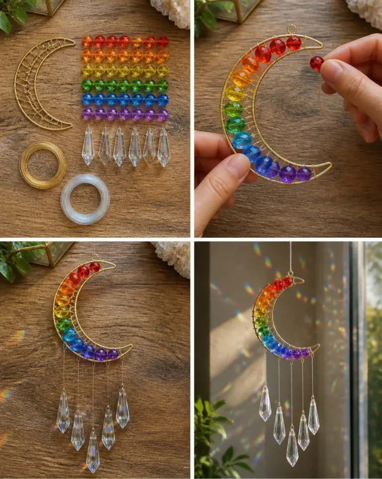 Rainbow Prism Crystal Moon Suncatcher casting colorful light patterns