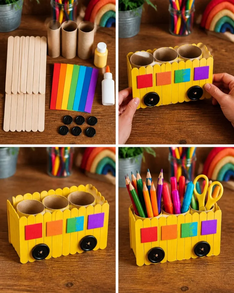 Rainbow School Bus Popsicle Stick Organizer for Kids - Fun and colorful school bus design.