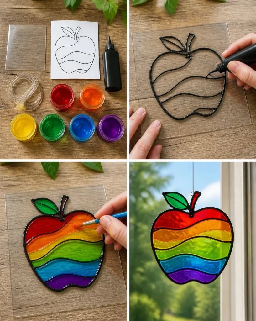 Rainbow stained-glass apple suncatcher reflecting colorful light