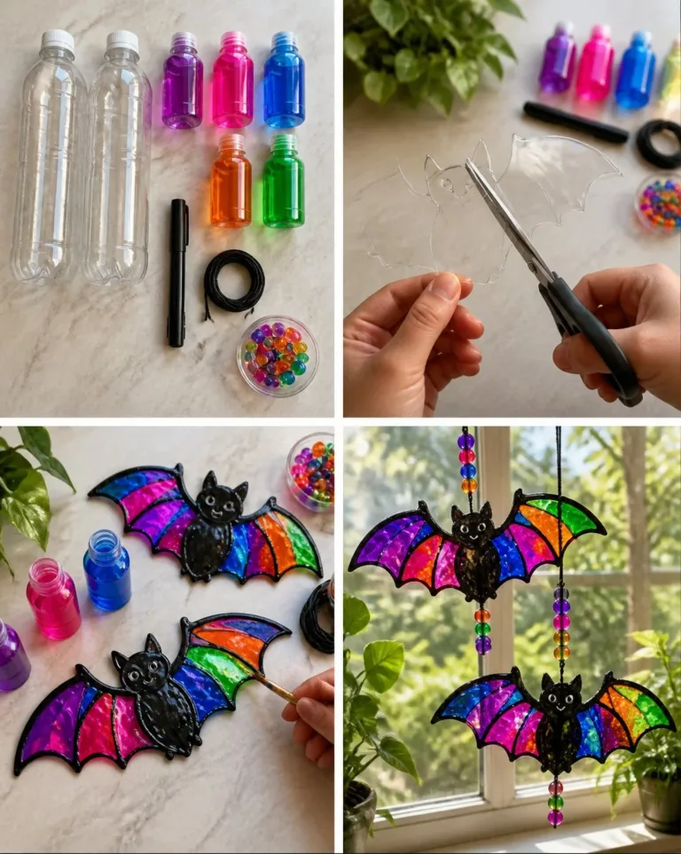 Colorful recycled bottle rainbow bat suncatchers hanging in sunlight