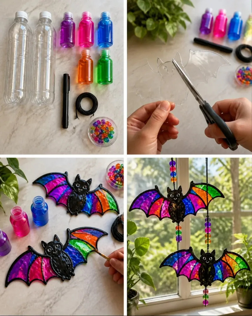 Colorful recycled bottle rainbow bat suncatchers hanging in sunlight