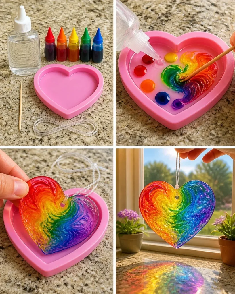 Colorful swirled glue suncatchers capturing sunlight in a cozy room.