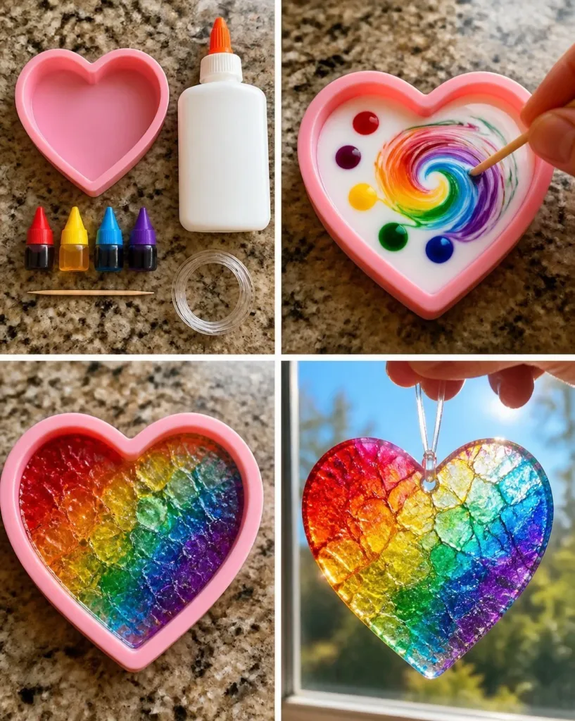 Colorful swirled glue suncatchers casting warm light in a cozy setting