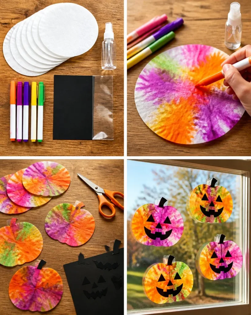 Colorful tie-dye suncatchers made from coffee filters for decoration