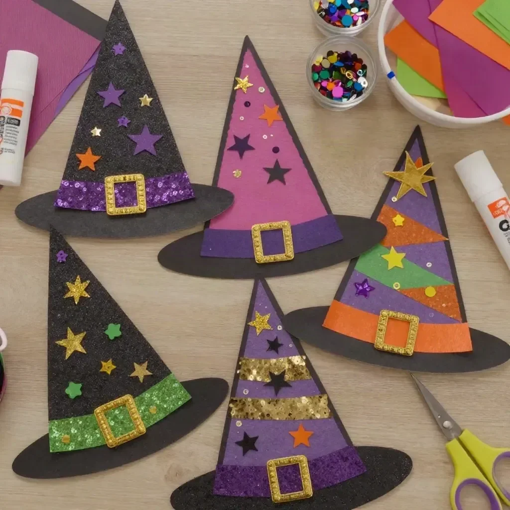 Colorful witch hat collage Halloween craft for kids