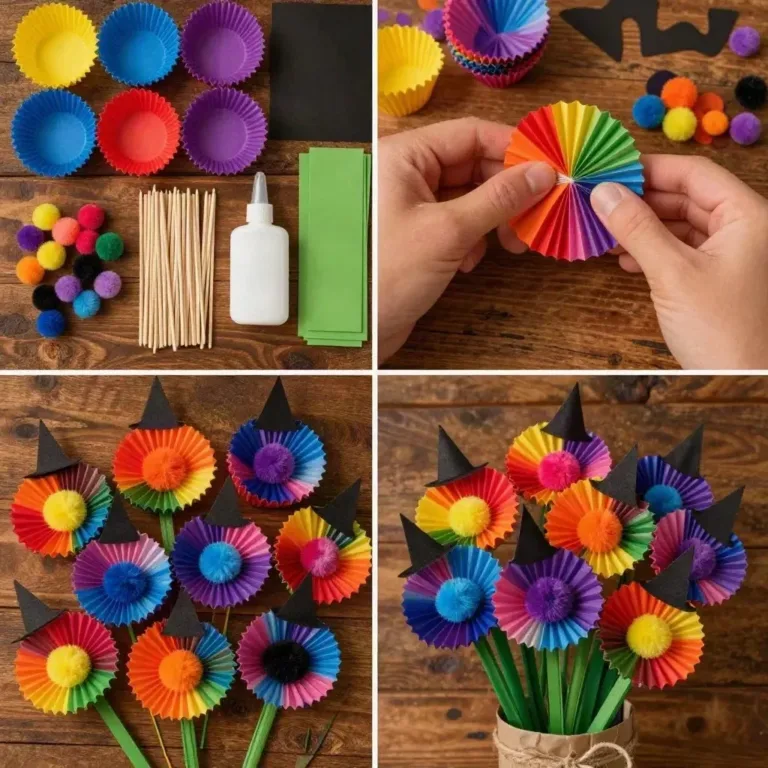 Colorful witch-hat flowers crafted from cupcake wrappers for Halloween decoration