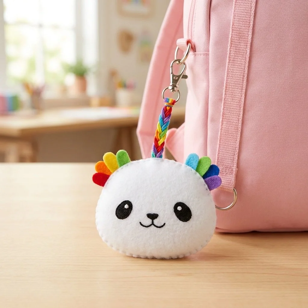 Adorable rainbow panda backpack charm for kids featuring bright colors and fun design.