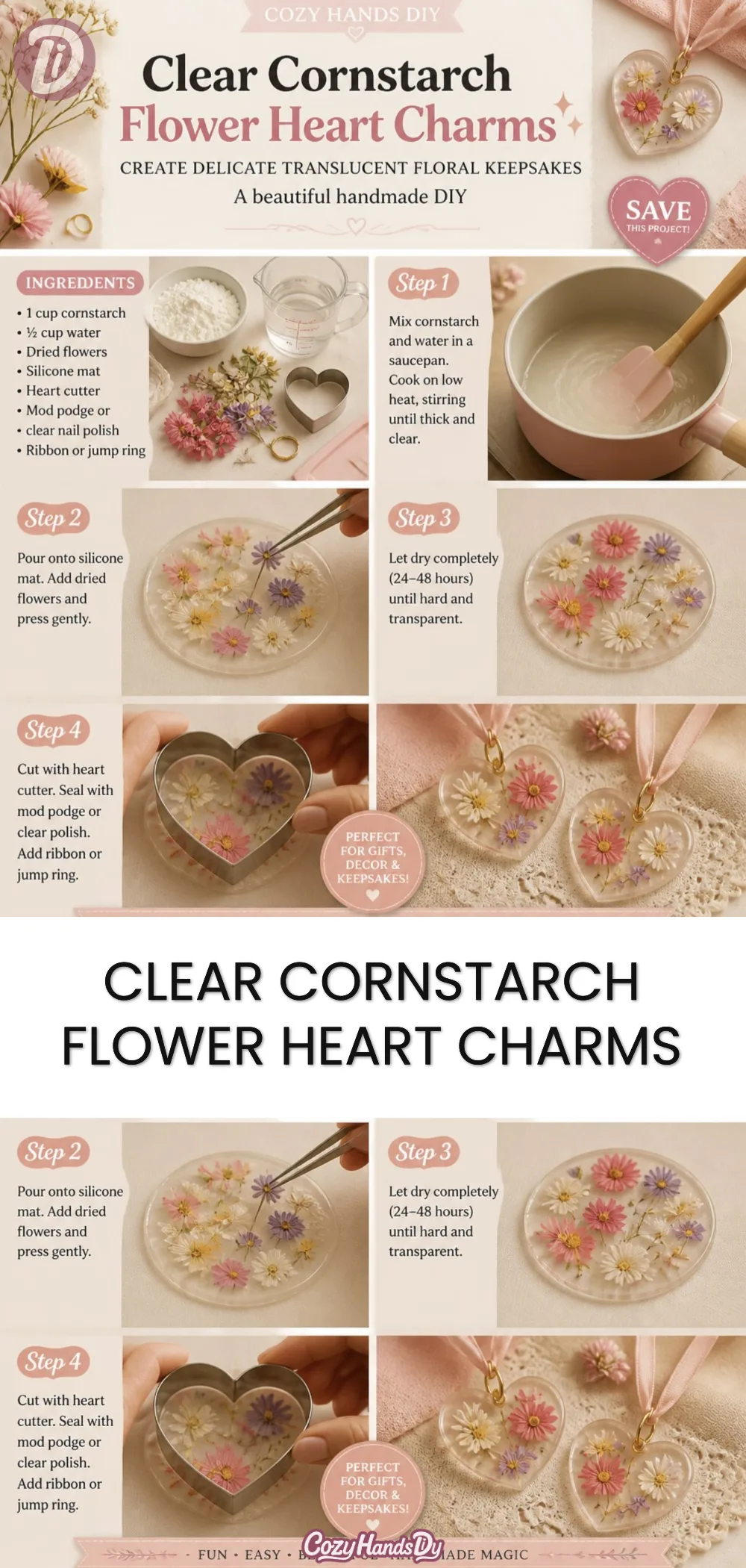 Clear Cornstarch Flower Heart Charms