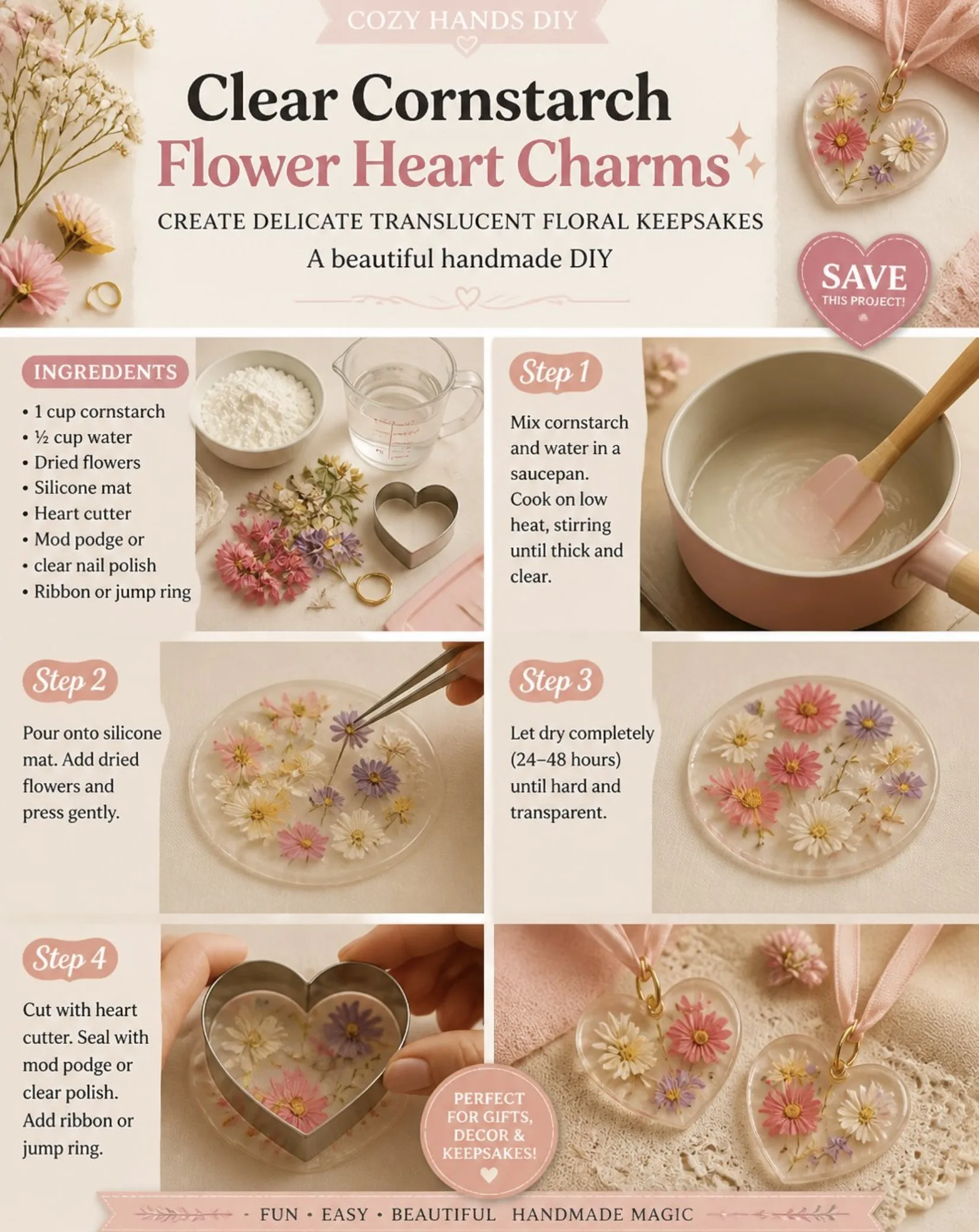 Clear Cornstarch Flower Heart Charms 2 Clear Cornstarch Flower Heart Charms