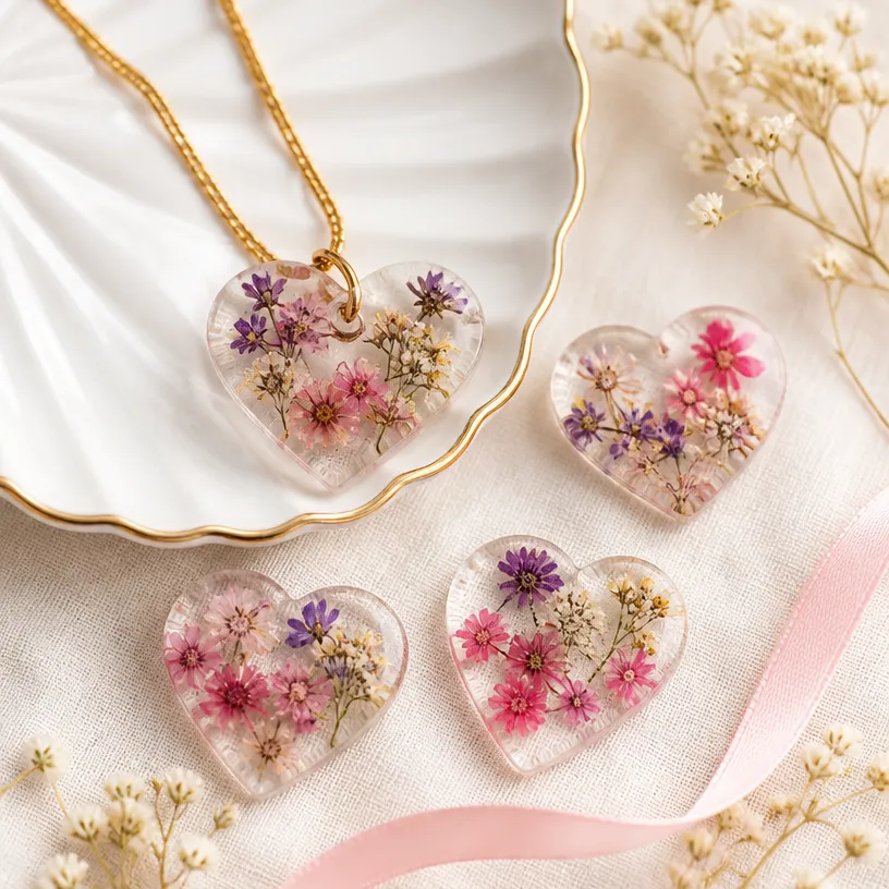 Clear Cornstarch Flower Heart Charms 3 Clear Cornstarch Flower Heart Charms
