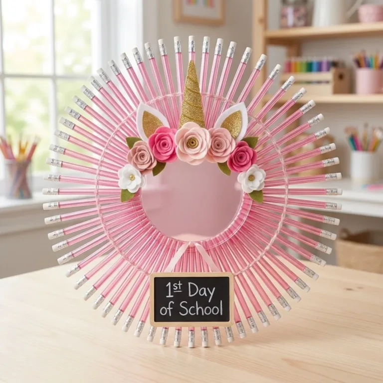 Clear pink unicorn pencil wreath designed for the first day of school