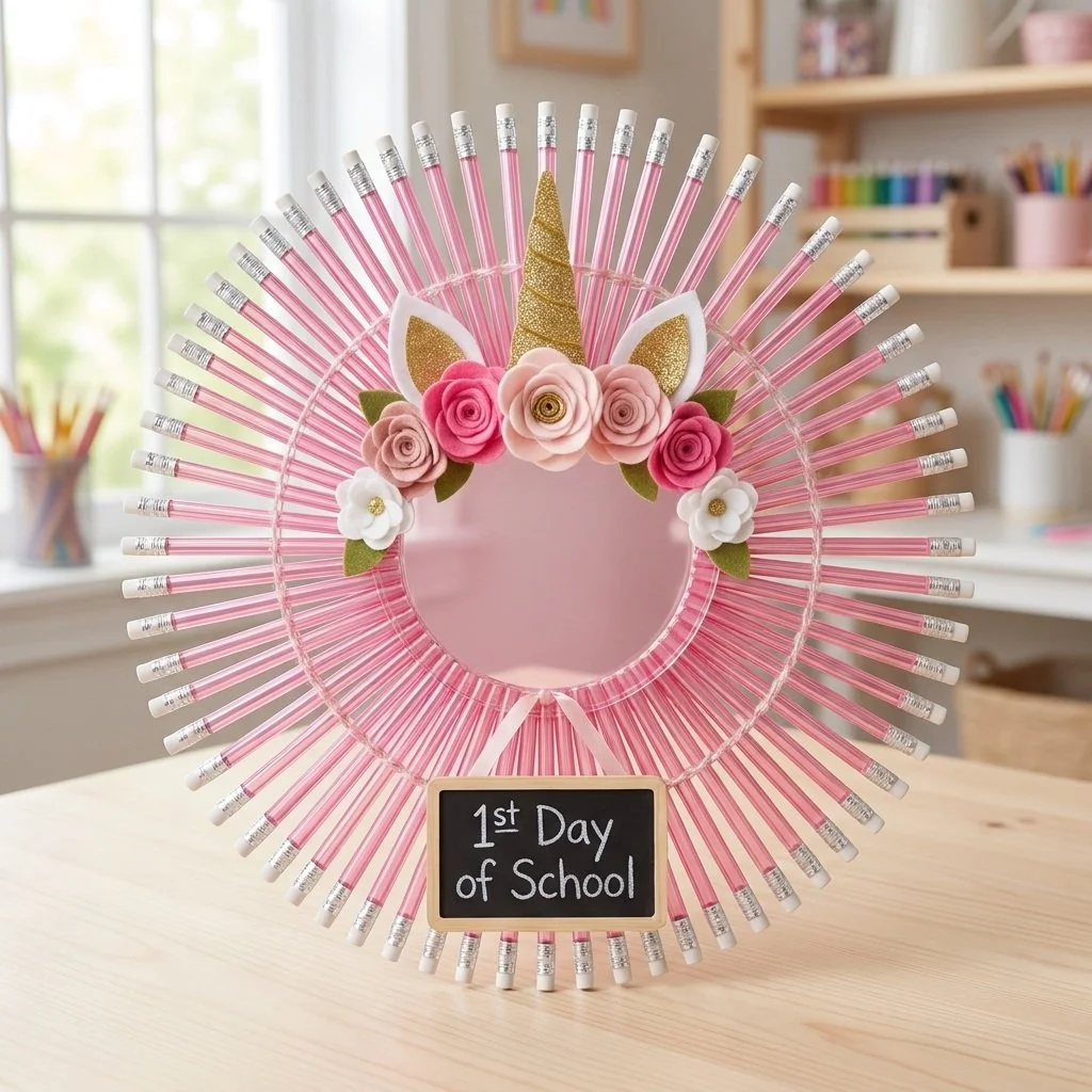 Clear pink unicorn pencil wreath designed for the first day of school