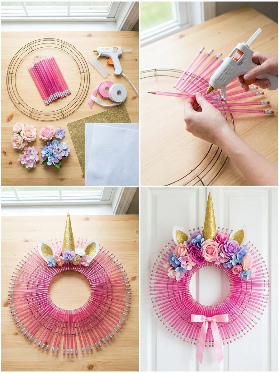 Clear Pink Unicorn Pencil Wreath for the First Day of School 5 Clear Pink Unicorn Pencil Wreath for the First Day of School