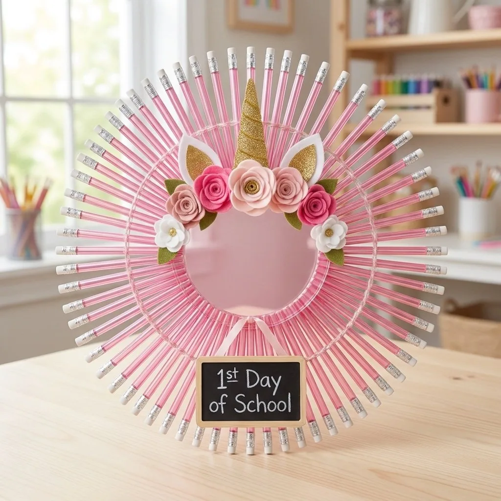 Clear Pink Unicorn Pencil Wreath for the First Day of School