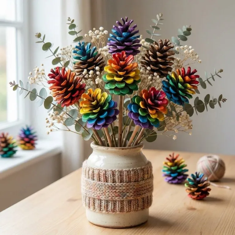 Colorful rainbow pinecone bouquet adding coziness to a home decor setup