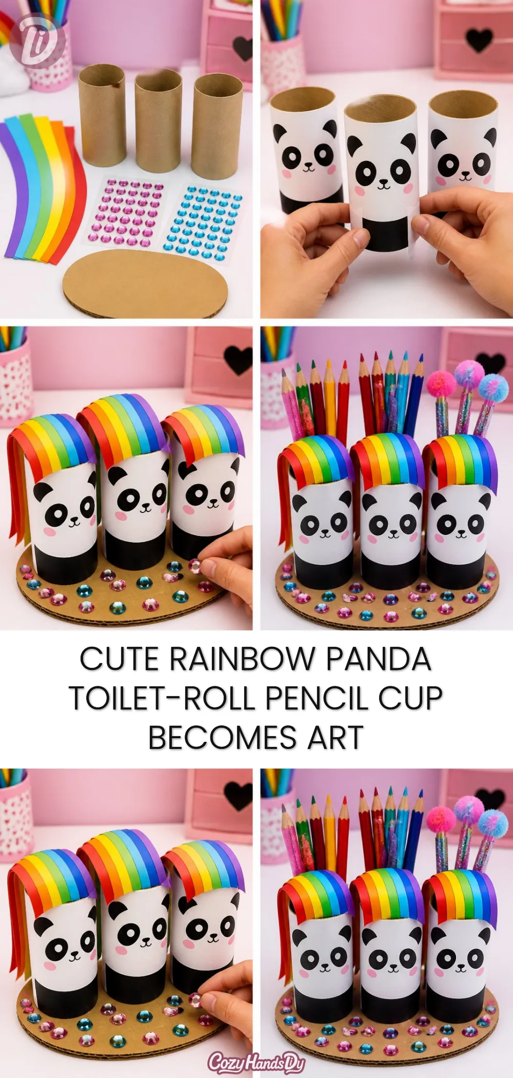 Cute Rainbow Panda Toilet-Roll Pencil Cup Becomes Art