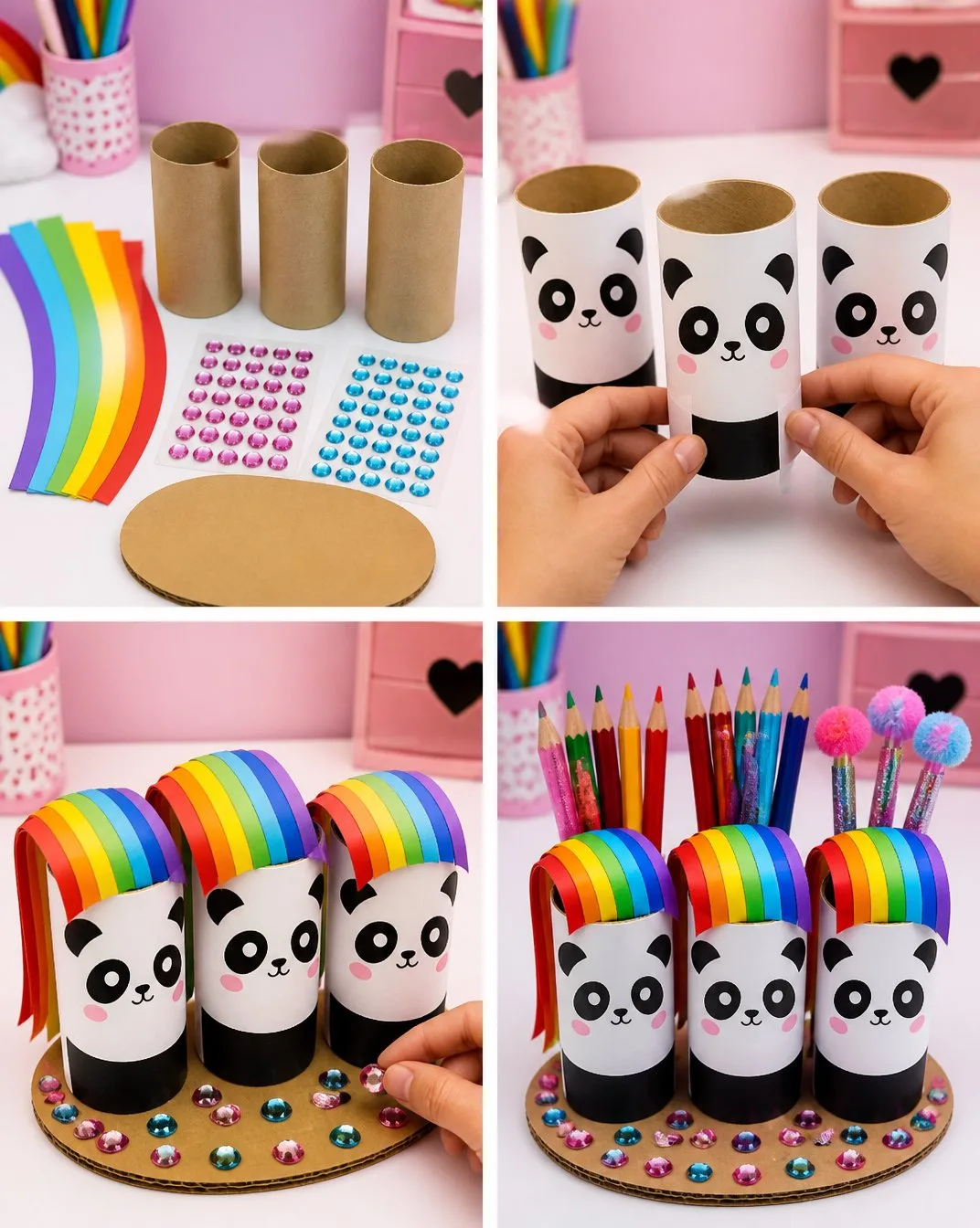 Cute Rainbow Panda Toilet-Roll Pencil Cup Becomes Art