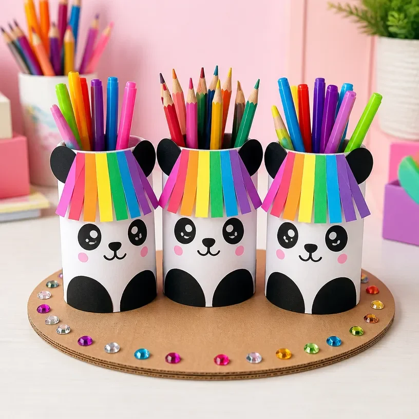 Cute Rainbow Panda toilet-roll pencil cup transforming into art