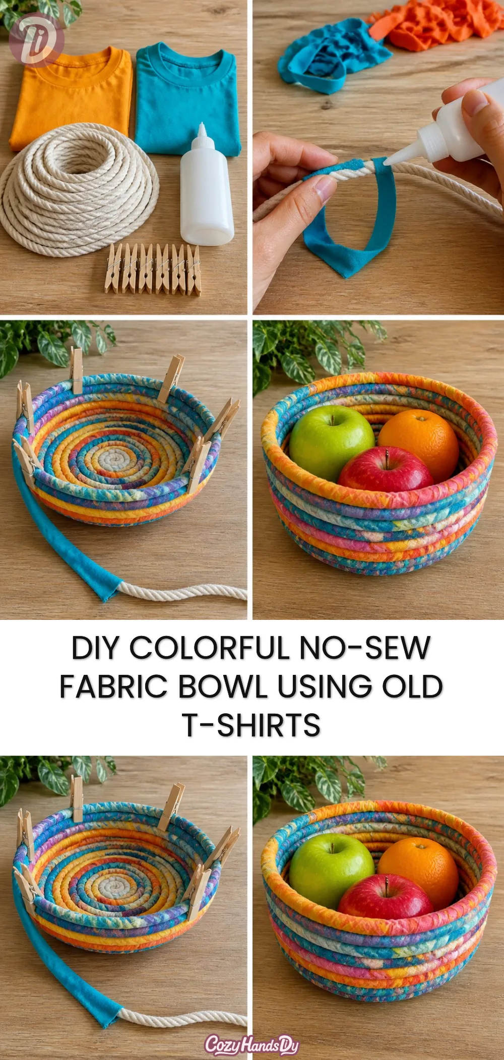 DIY Colorful No-Sew Fabric Bowl Using Old T-Shirts
