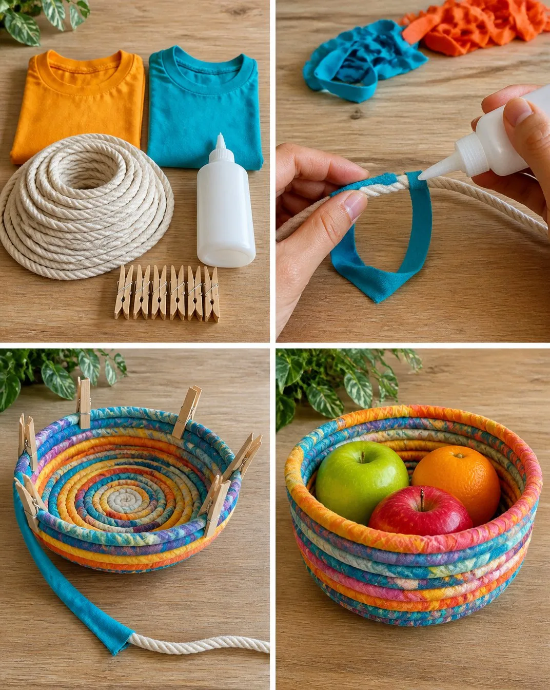 DIY Colorful No-Sew Fabric Bowl Using Old T-Shirts 6 DIY Colorful No-Sew Fabric Bowl Using Old T-Shirts