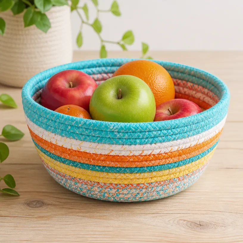Colorful no-sew fabric bowl made from recycled old t-shirts.
