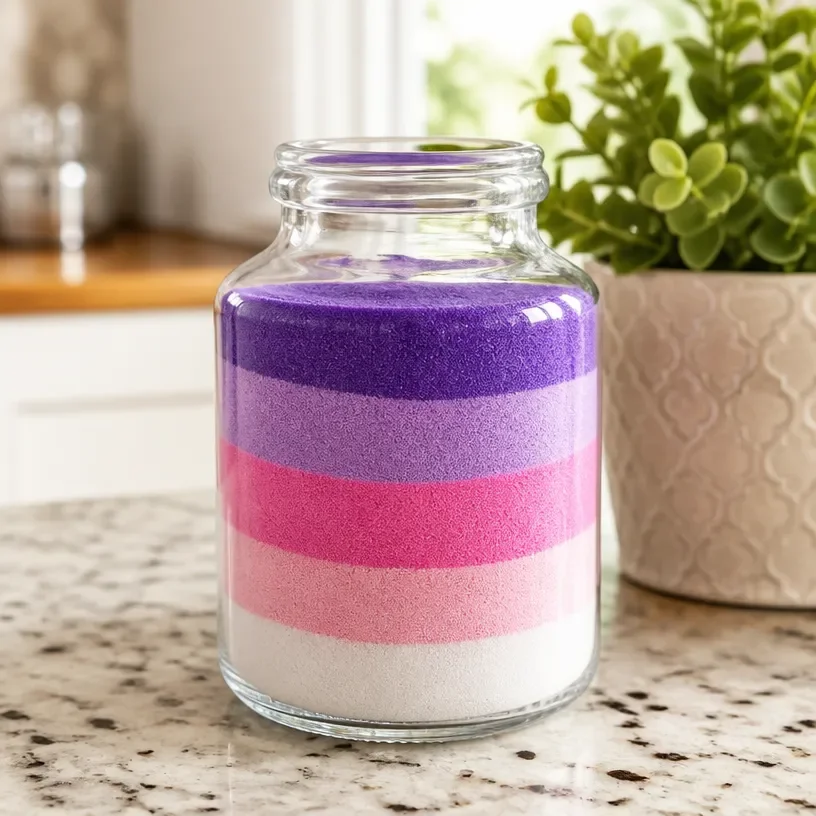 Colorful layers in an Ombre Sand Jar created through a DIY craft tutorial.