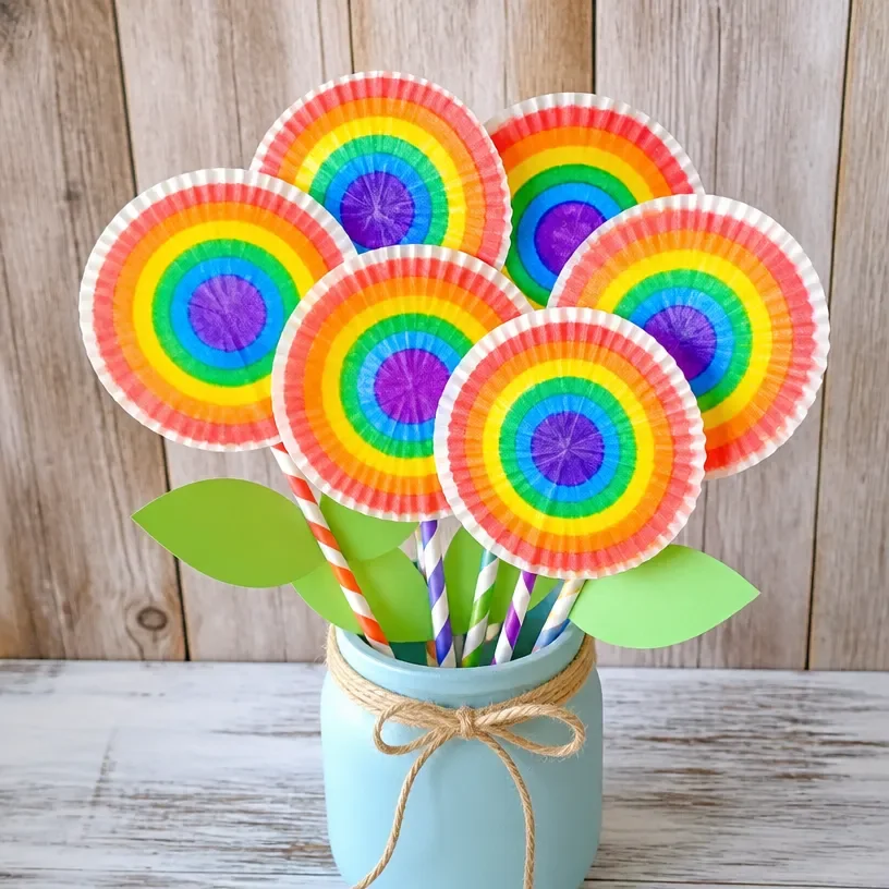 Colorful DIY rainbow coffee filter apple bouquet decoration