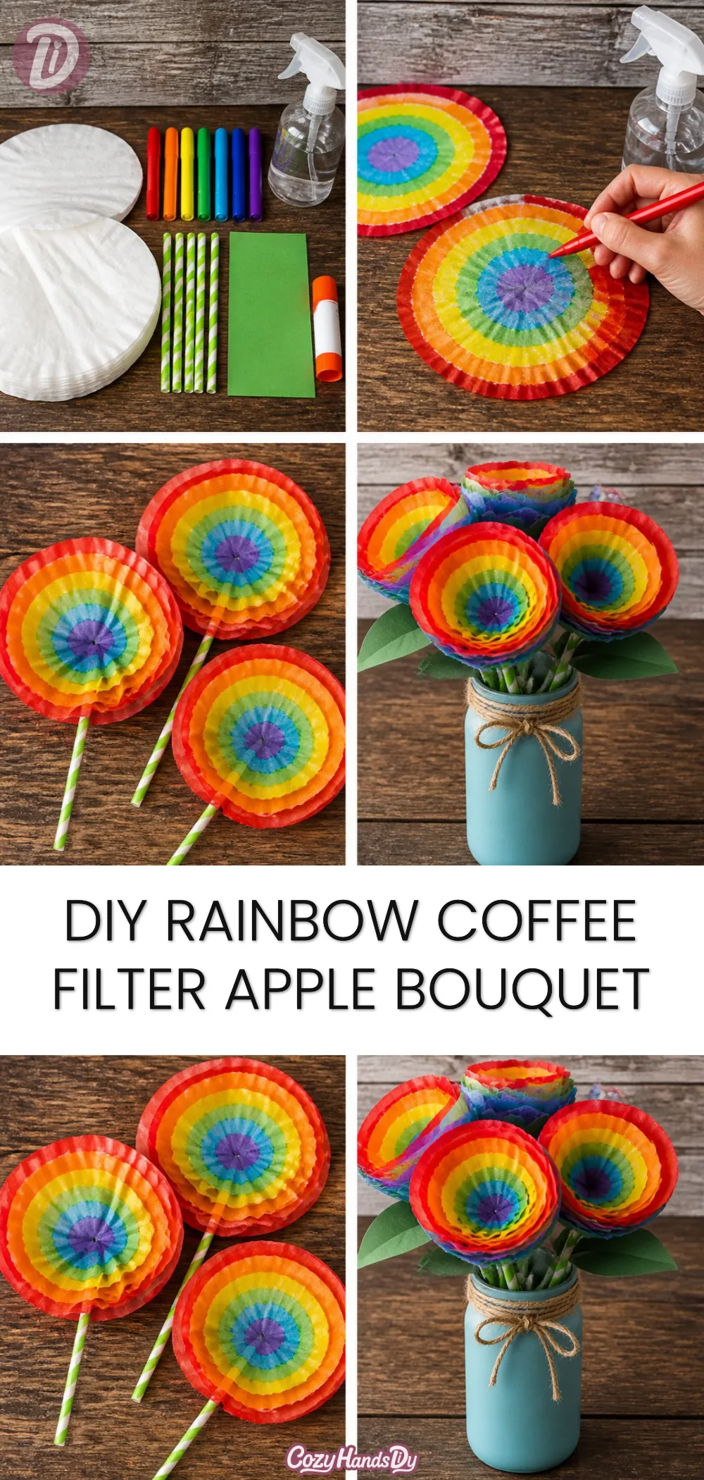 DIY Rainbow Coffee Filter Apple Bouquet