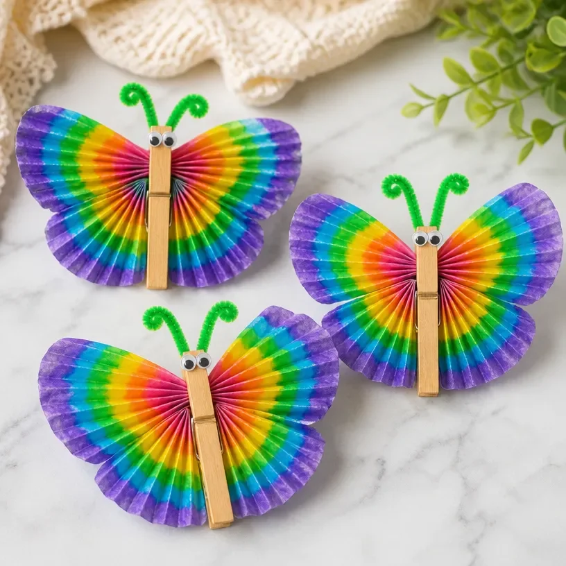 Colorful DIY rainbow coffee filter dragonflies for crafting projects