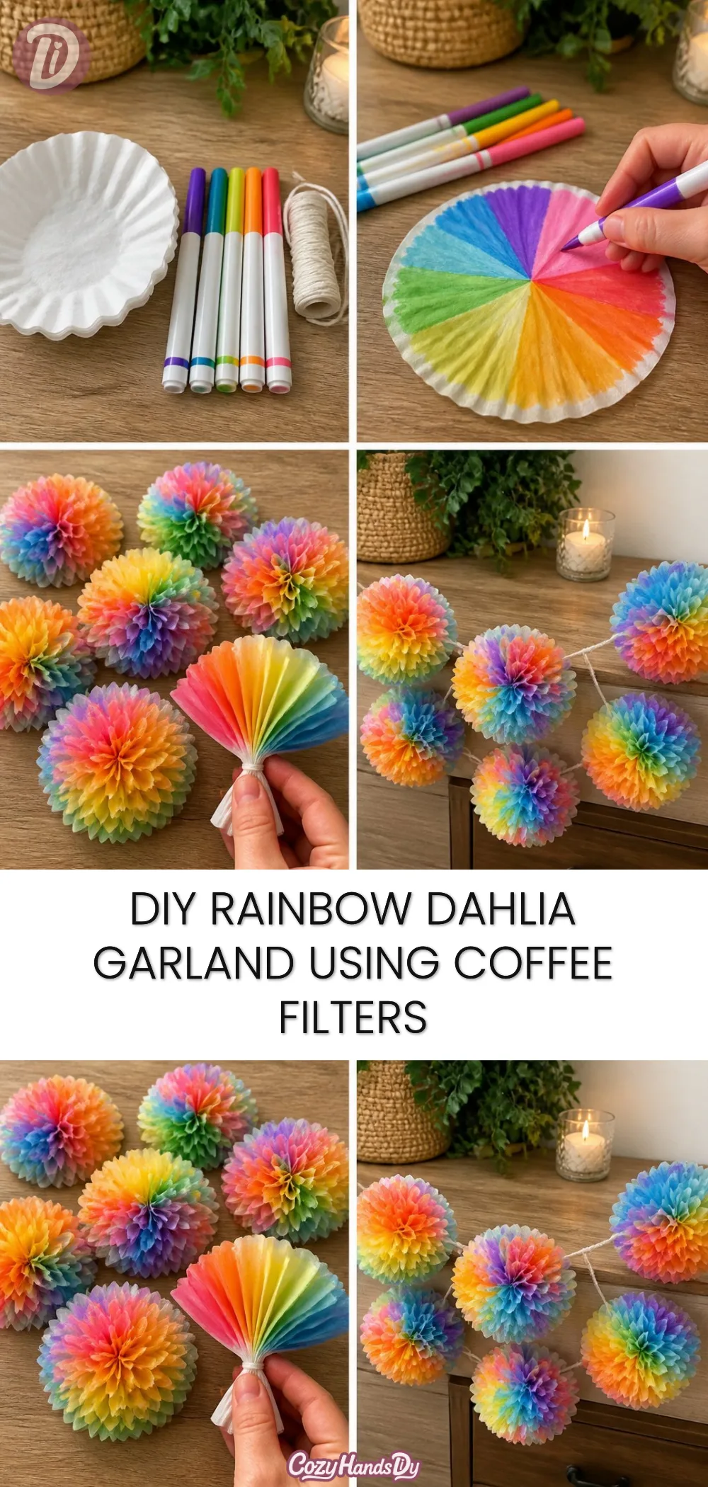 DIY Rainbow Dahlia Garland Using Coffee Filters