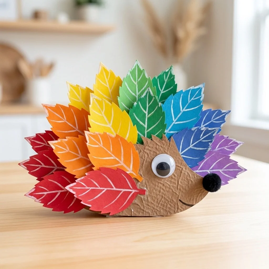 Colorful DIY Rainbow Leaf Hedgehog craft tutorial for children